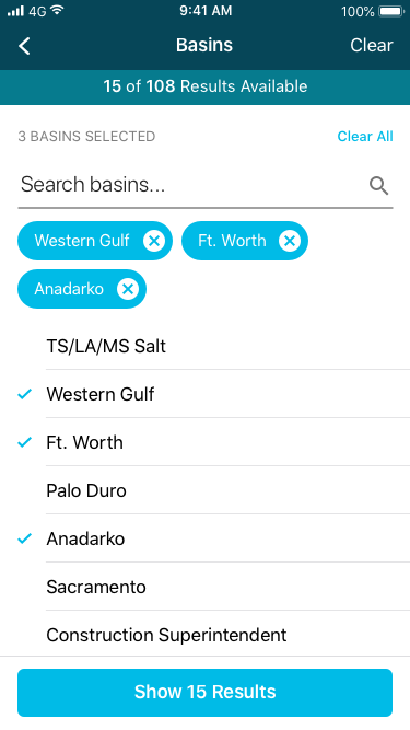 RigUp mobile search and filter flow.