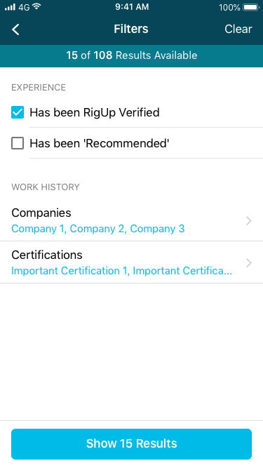 RigUp mobile search and filter flow.