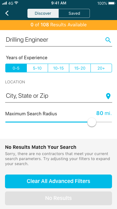 RigUp mobile search and filter flow.